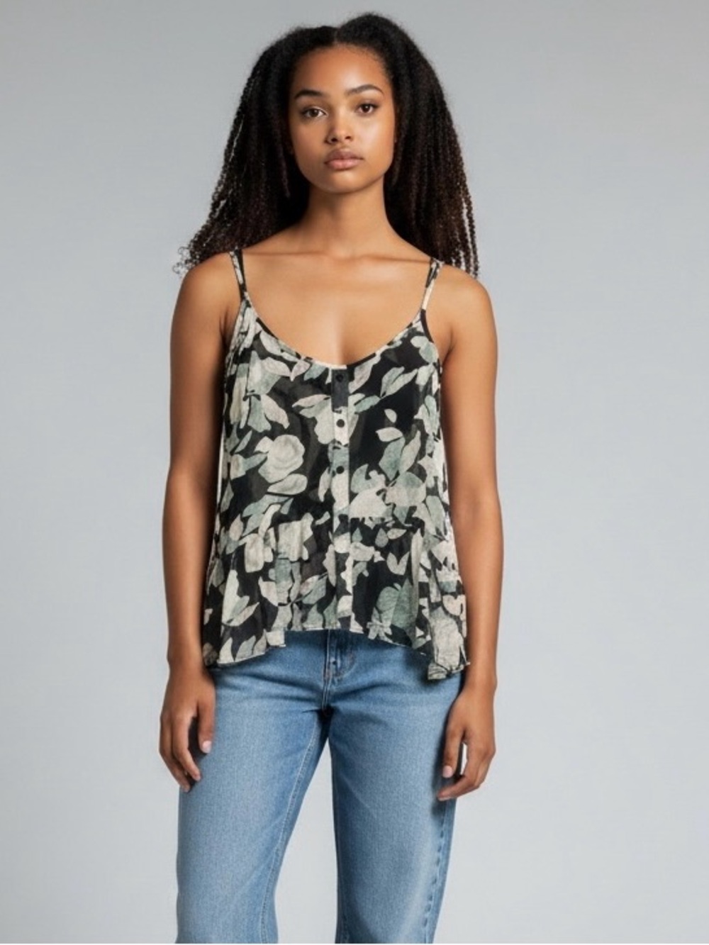 Women’s Floral Print Y2K Sheer Babydoll Cami Top. Size L